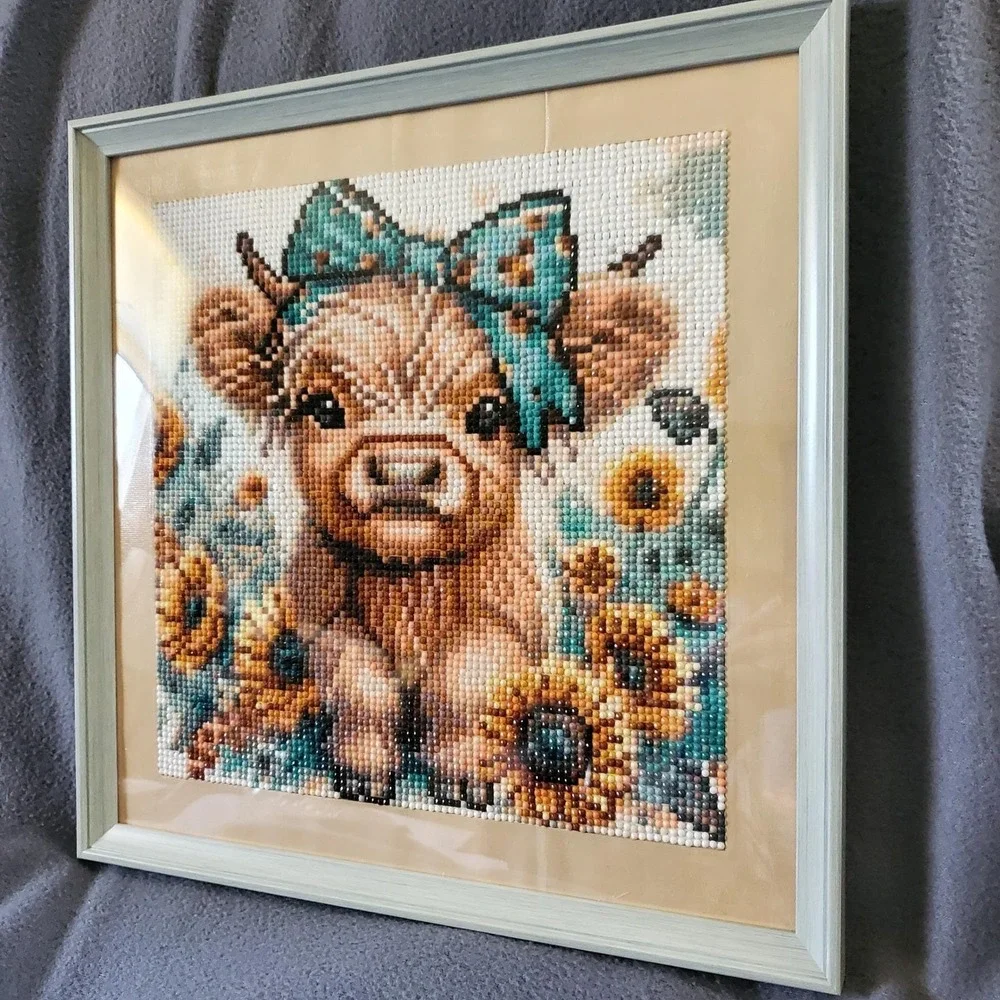 Highland Cow Diamond Painting Completed&Framed Sunflower Farmhouse Decor 12.5in